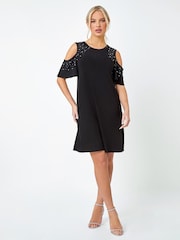 Roman Black Sparkle Cold Shoulder Dress - Image 3 of 5