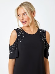 Roman Black Sparkle Cold Shoulder Dress - Image 4 of 5