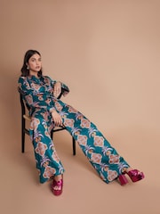 Another Sunday Satin Wide Leg Printed Trouser With Elasticated Waist In Print - Image 1 of 6