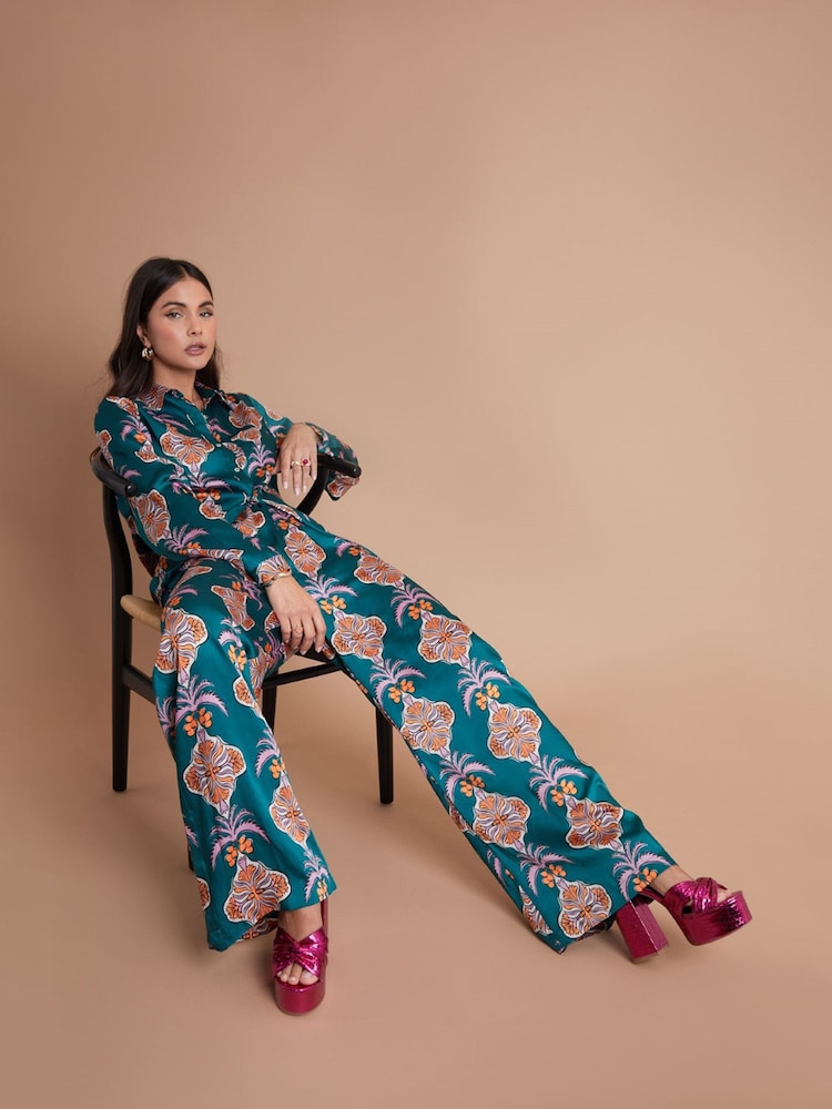 Another Sunday Satin Wide Leg Printed Trouser With Elasticated Waist In Print - Image 1 of 6