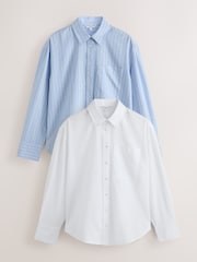 White and Blue/White Stripe - Relaxed Cotton Long Sleeve Shirt 2 Pack - 画像 1 / 6