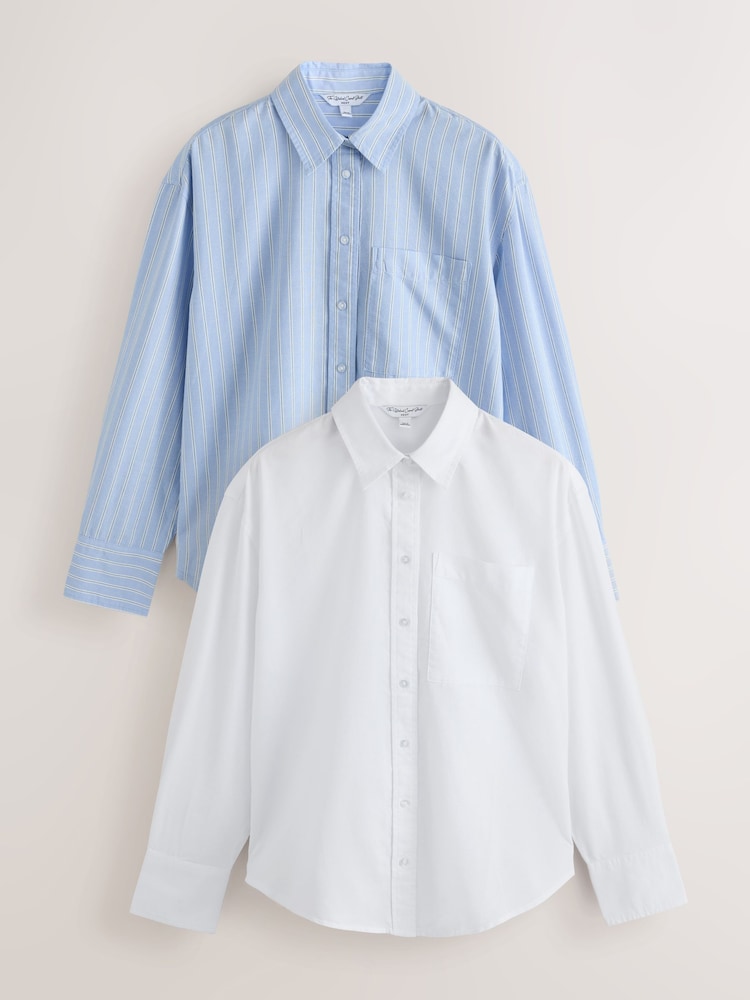 White and Blue/White Stripe - Relaxed Cotton Long Sleeve Shirt 2 Pack - 画像 1 / 6