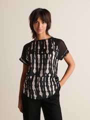 Black/White Tie Dye Print Woven Mix Short Sleeve Raglan T-Shirt - Image 1 of 4