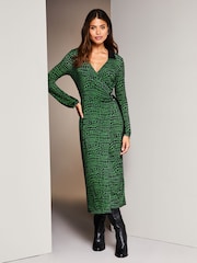 Lipsy Green Petite Jersey Wrap V Neck Ruched Hardware Midi Shirt Dress - Image 3 of 4