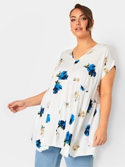 Yours Curve Blue Ruched V-Neck Blouse - Image 1 of 4