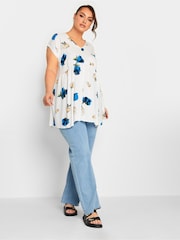 Yours Curve Blue Ruched V-Neck Blouse - Image 2 of 4