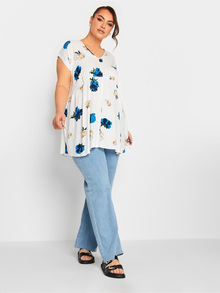 Yours Curve Blue Ruched V-Neck Blouse - Image 2 of 4
