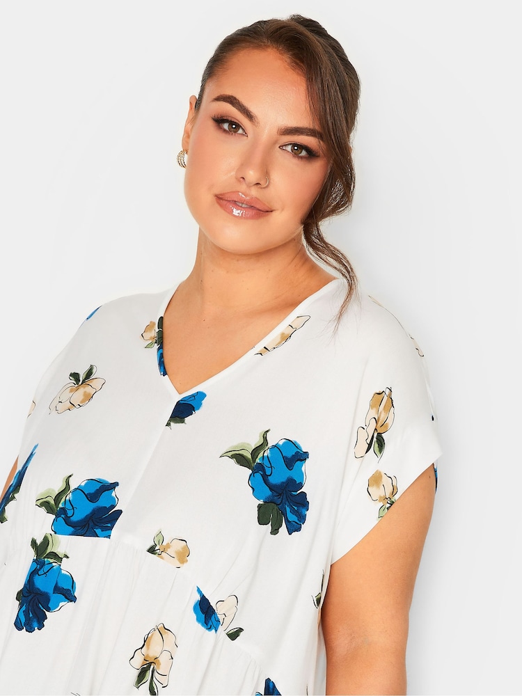 Yours Curve Blue Ruched V-Neck Blouse - Image 4 of 4