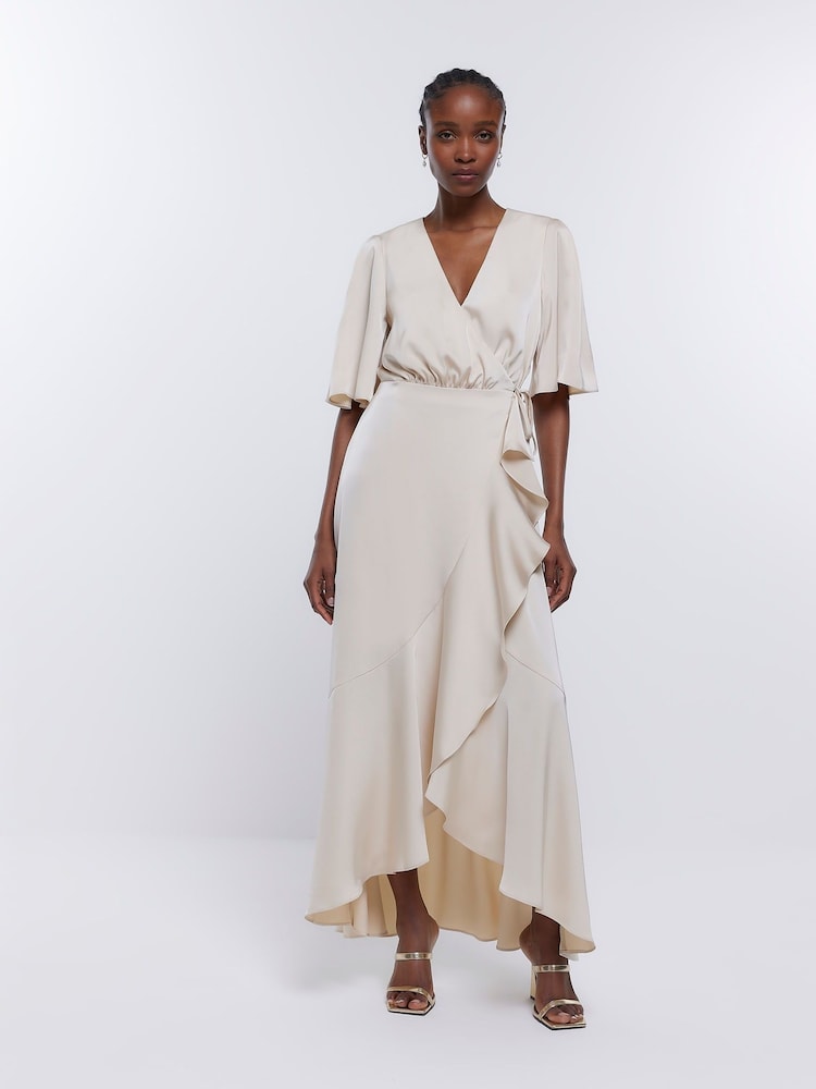 Creme - River Island Brautjungfernkleid mit Wasserfallausschnitt und Wickeldesign, Pink - Bild 1 von 5 Creme - River Island Brautjungfernkleid mit Wasserfallausschnitt und Wickeldesign, Pink - Bild 1 von 5