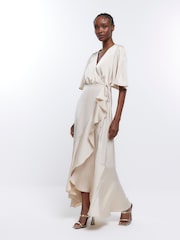 Creme - River Island Brautjungfernkleid mit Wasserfallausschnitt und Wickeldesign, Pink - Bild 3 von 5