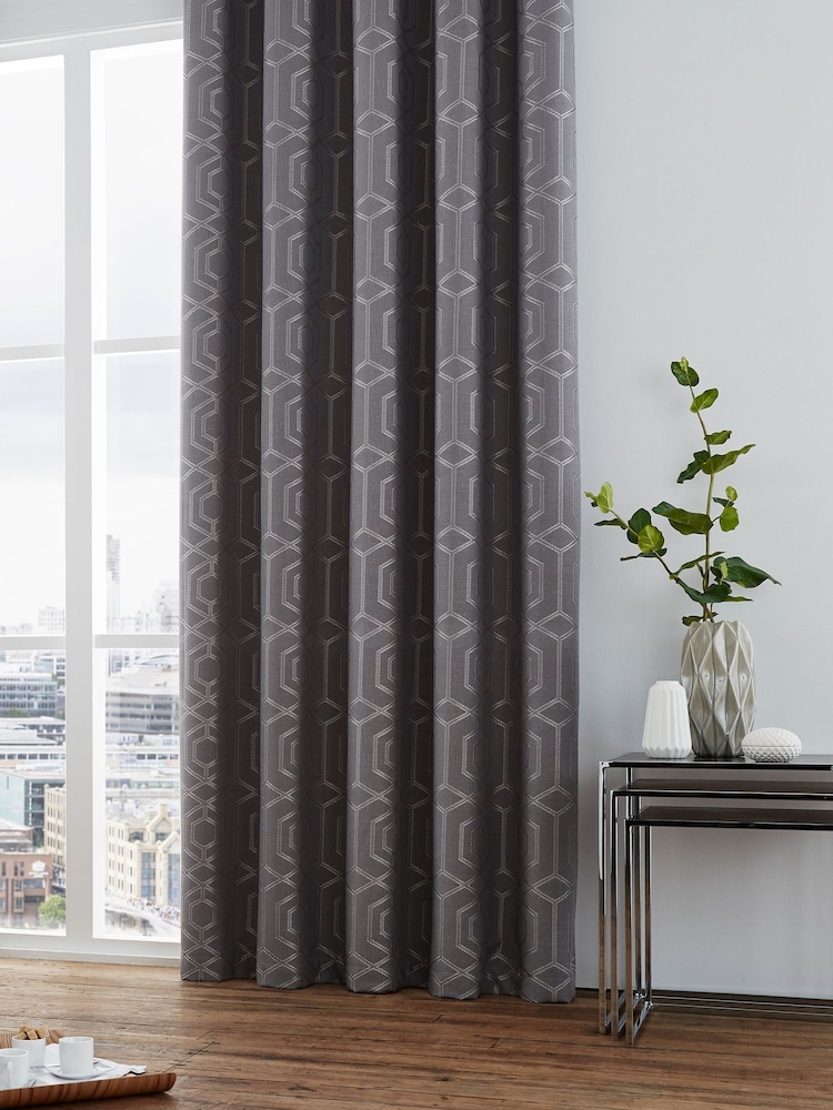 Curtina Grey Camberwell Geo Lined Eyelet Curtains - Image 1 of 3