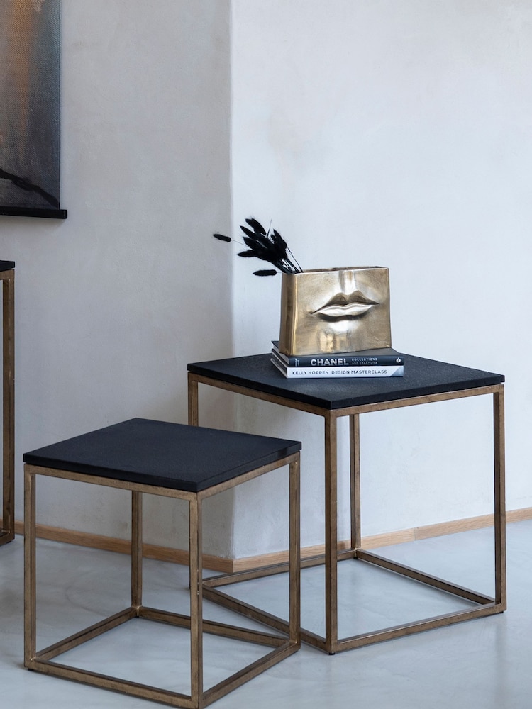 Libra Interiors Gold Kirkstone Set of 2 Side Tables with Galaxy Slate Top - Image 1 of 4