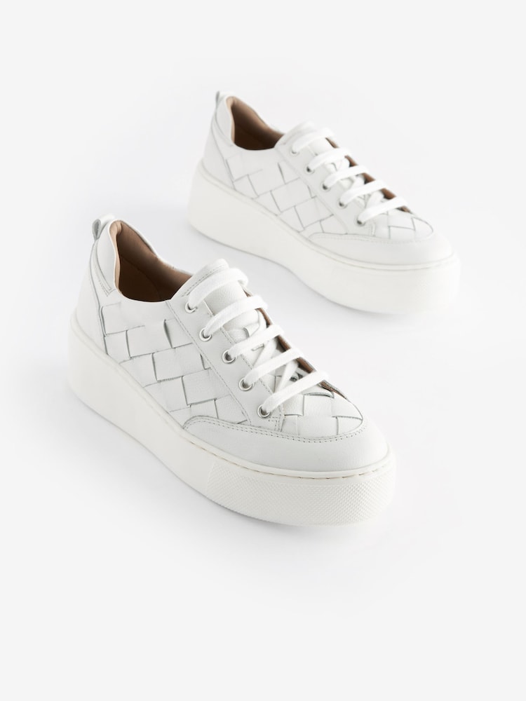 White Signature Forever Comfort® Leather Weave Chunky Wedge Platform Trainers - Image 1 of 7