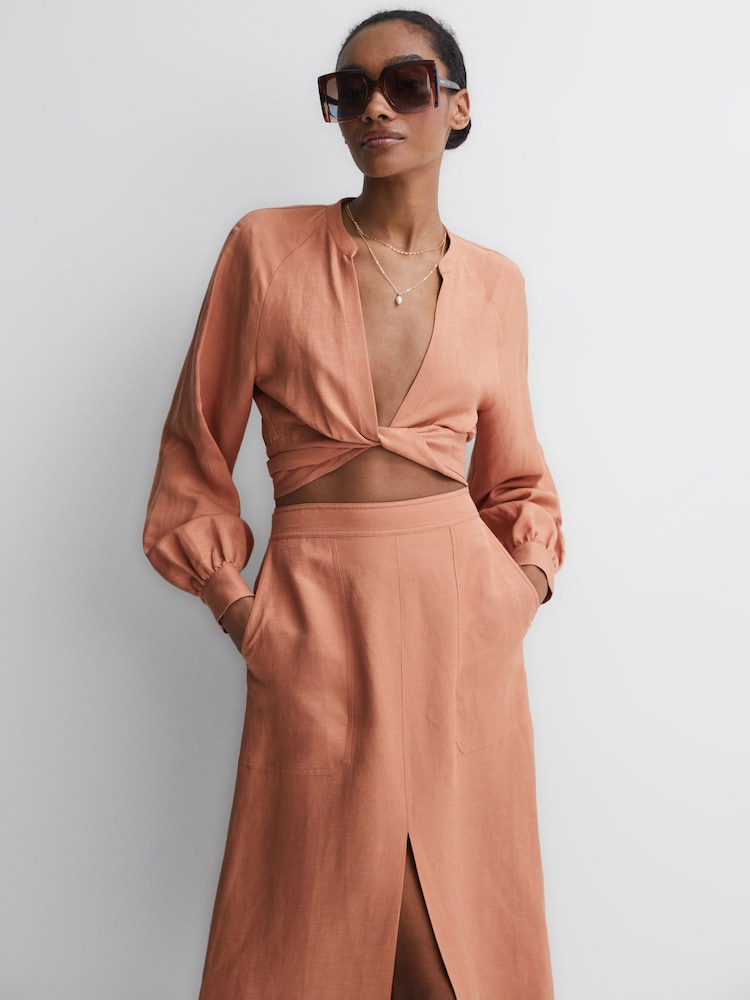 Reiss Rust Axelle Tie Front Cropped Blouse - Image 1 of 5