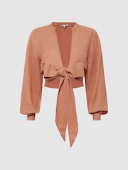 Reiss Rust Axelle Tie Front Cropped Blouse - Image 2 of 5