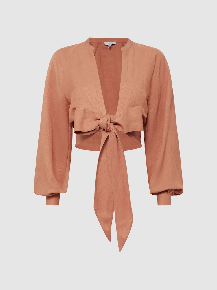 Reiss Rust Axelle Tie Front Cropped Blouse - Image 2 of 5
