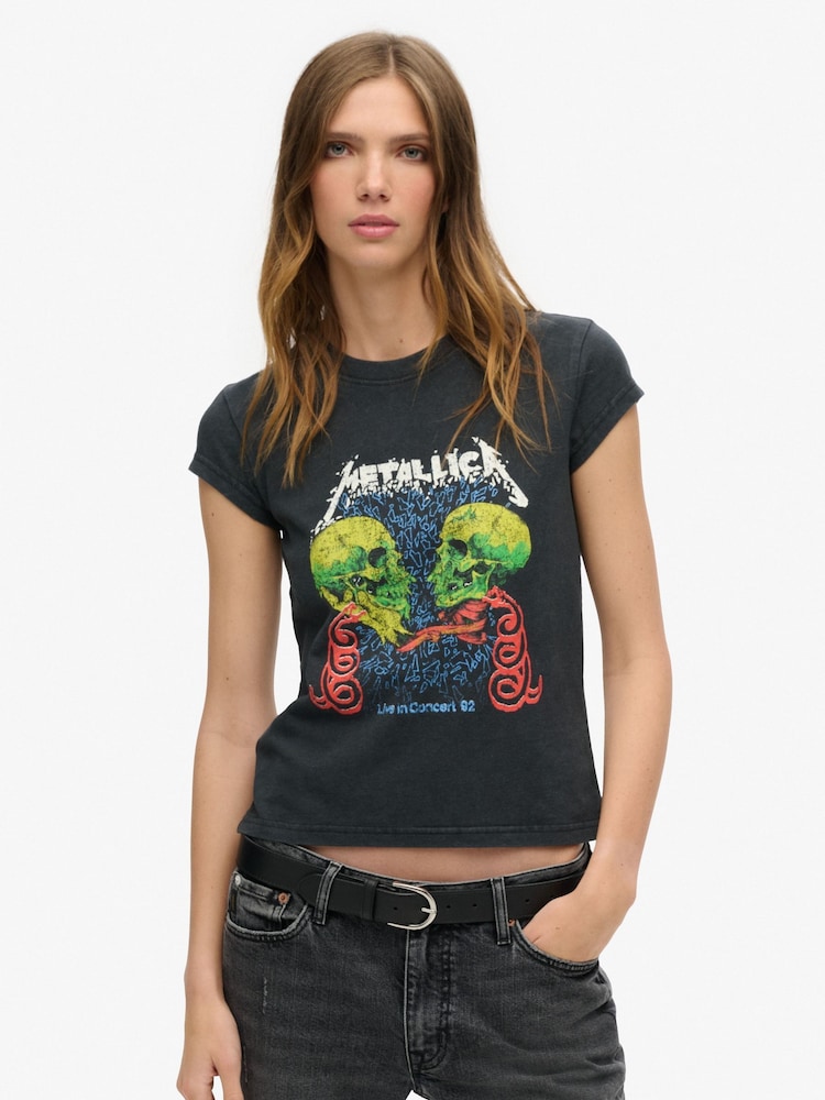 Superdry Black Metallica Cap Sleeve T-Shirt - Image 1 of 4 Superdry Black Metallica Cap Sleeve T-Shirt - Image 1 of 4