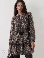 Religion Grey Leopard Print Short Dress With Tie Waist - Image 1 of 8