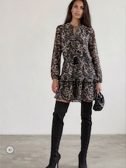 Religion Grey Leopard Print Short Dress With Tie Waist - Image 4 of 8