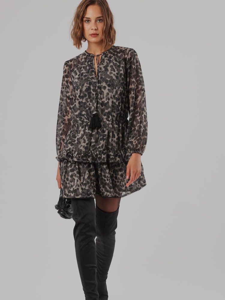Religion Grey Leopard Print Short Dress With Tie Waist - Image 8 of 8 Religion Grey Leopard Print Short Dress With Tie Waist - Image 8 of 8