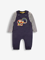 JoJo Maman Bébé Navy Elmer Appliqué Dungarees & Stripe Top Set - Image 1 of 5
