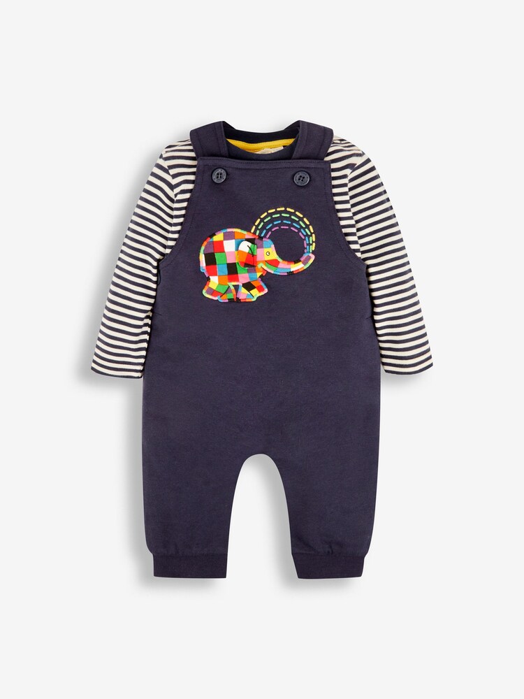 JoJo Maman Bébé Navy Elmer Appliqué Dungarees & Stripe Top Set - Image 1 of 5