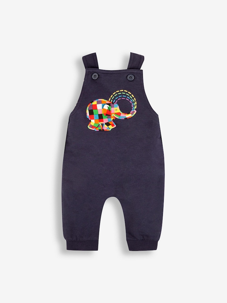 JoJo Maman Bébé Navy Elmer Appliqué Dungarees & Stripe Top Set - Image 2 of 5