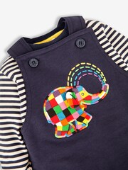 JoJo Maman Bébé Navy Elmer Appliqué Dungarees & Stripe Top Set - Image 5 of 5