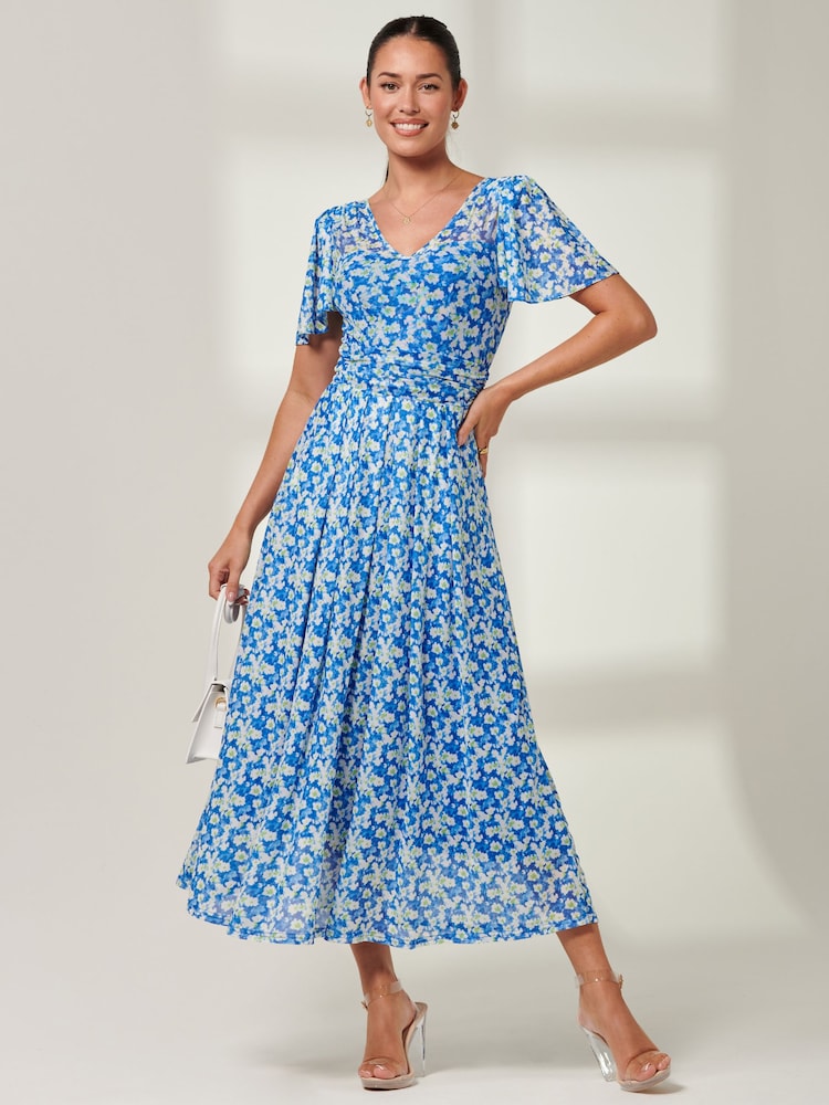Jolie Moi Blue Bianca V-Neck Pleated Mesh Maxi Dress - Image 1 of 6