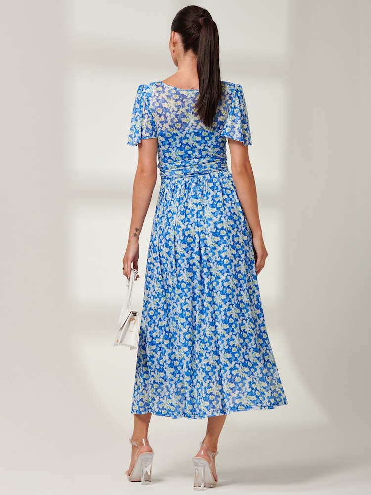 Jolie Moi Blue Bianca V-Neck Pleated Mesh Maxi Dress - Image 2 of 6