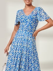 Jolie Moi Blue Bianca V-Neck Pleated Mesh Maxi Dress - Image 3 of 6