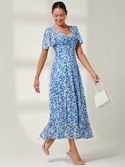 Jolie Moi Blue Bianca V-Neck Pleated Mesh Maxi Dress - Image 6 of 6