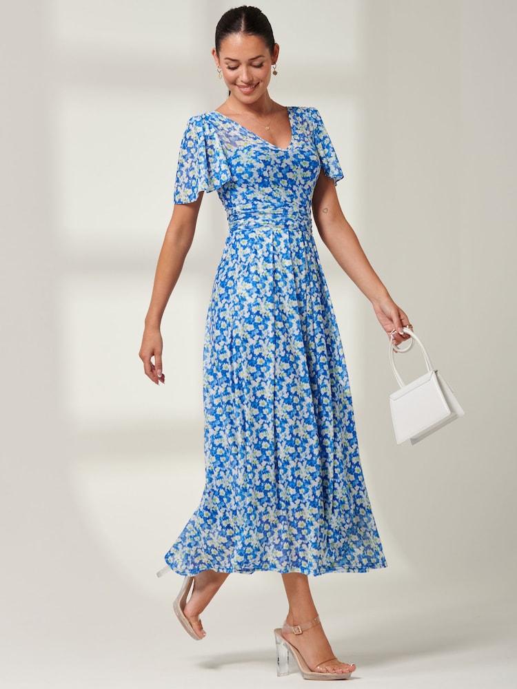 Jolie Moi Blue Bianca V-Neck Pleated Mesh Maxi Dress - Image 6 of 6