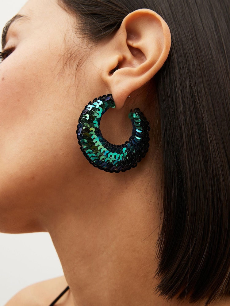 Green/Blue Sequin Hoop Earrings - Image 2 of 3 Green/Blue Sequin Hoop Earrings - Image 2 of 3