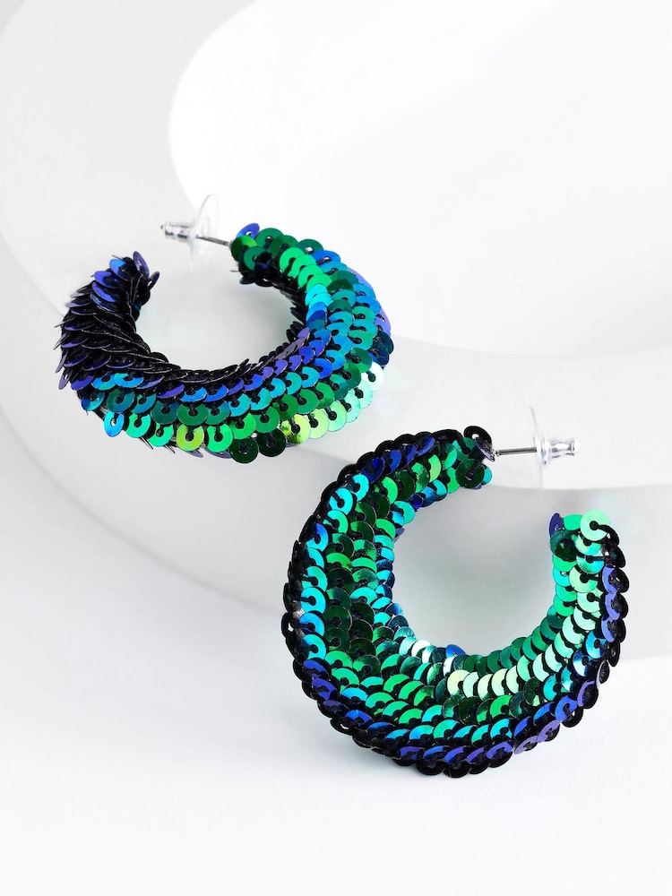 Green/Blue Sequin Hoop Earrings - Image 3 of 3 Green/Blue Sequin Hoop Earrings - Image 3 of 3