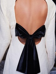 Cream Open Back Bow Detail Long Sleeve Sequin Mini Dress - Image 3 of 6