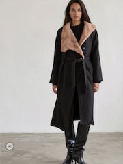 Religion Black Lily Long Coat With Faux Fur Funnel Collar And Tie Waist Belt In Wool Mix - Image 1 of 8