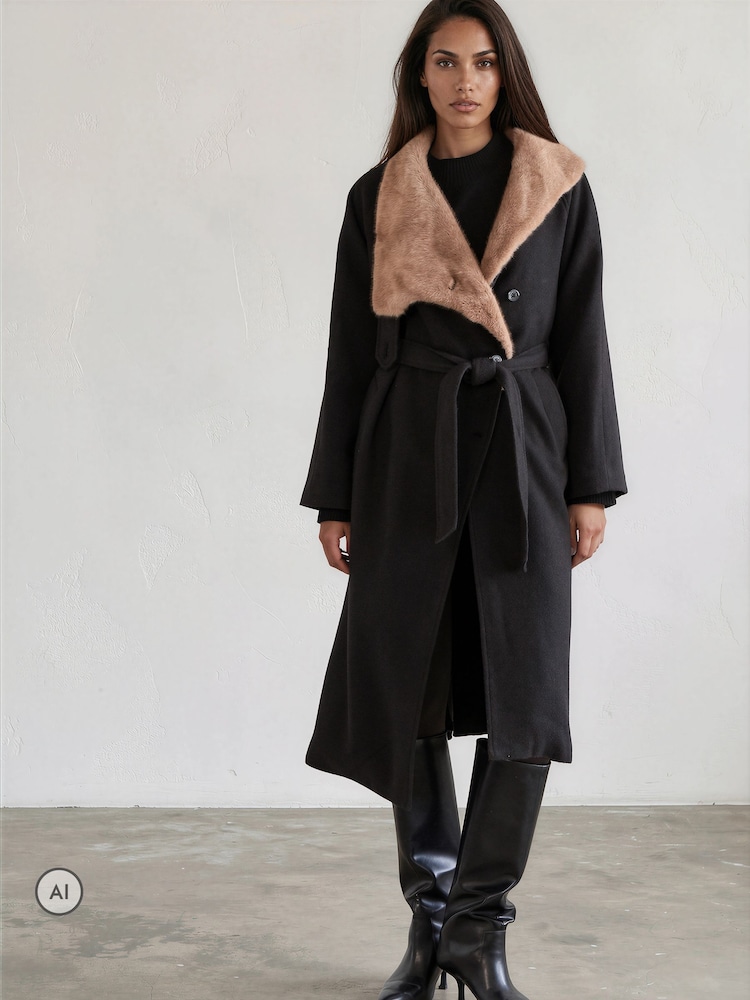 Religion Black Lily Long Coat With Faux Fur Funnel Collar And Tie Waist Belt In Wool Mix - Image 1 of 8