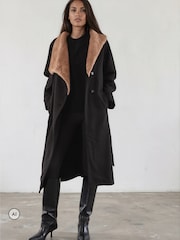 Religion Black Lily Long Coat With Faux Fur Funnel Collar And Tie Waist Belt In Wool Mix - Image 2 of 8