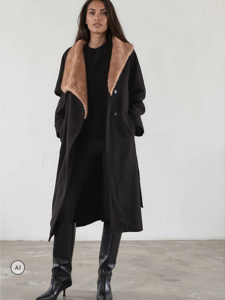 Religion Black Lily Long Coat With Faux Fur Funnel Collar And Tie Waist Belt In Wool Mix - Image 2 of 8