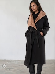 Religion Black Lily Long Coat With Faux Fur Funnel Collar And Tie Waist Belt In Wool Mix - Image 3 of 8