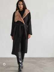 Religion Black Lily Long Coat With Faux Fur Funnel Collar And Tie Waist Belt In Wool Mix - Image 4 of 8