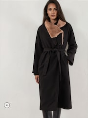Religion Black Lily Long Coat With Faux Fur Funnel Collar And Tie Waist Belt In Wool Mix - Image 5 of 8