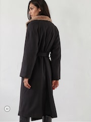Religion Black Lily Long Coat With Faux Fur Funnel Collar And Tie Waist Belt In Wool Mix - Image 6 of 8