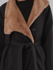 Religion Black Lily Long Coat With Faux Fur Funnel Collar And Tie Waist Belt In Wool Mix - Image 7 of 8