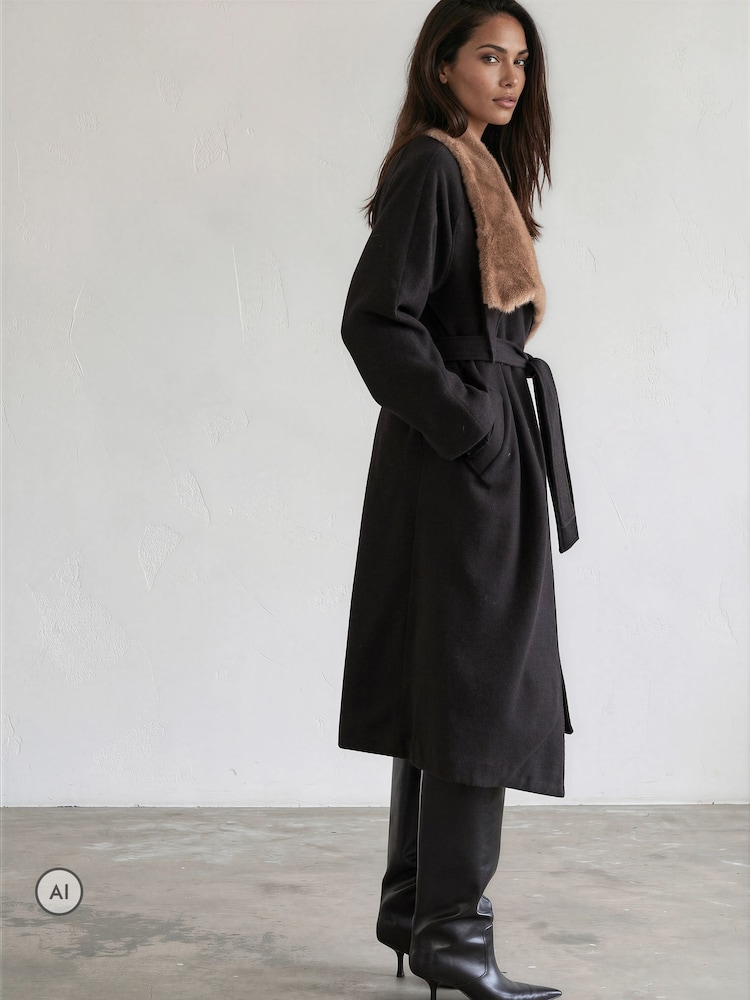 Religion Black Lily Long Coat With Faux Fur Funnel Collar And Tie Waist Belt In Wool Mix - Image 8 of 8