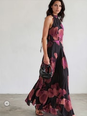 Religion Pink/Black Floral Fire Print Valeria Maxi Halterneck Dress - Image 1 of 8