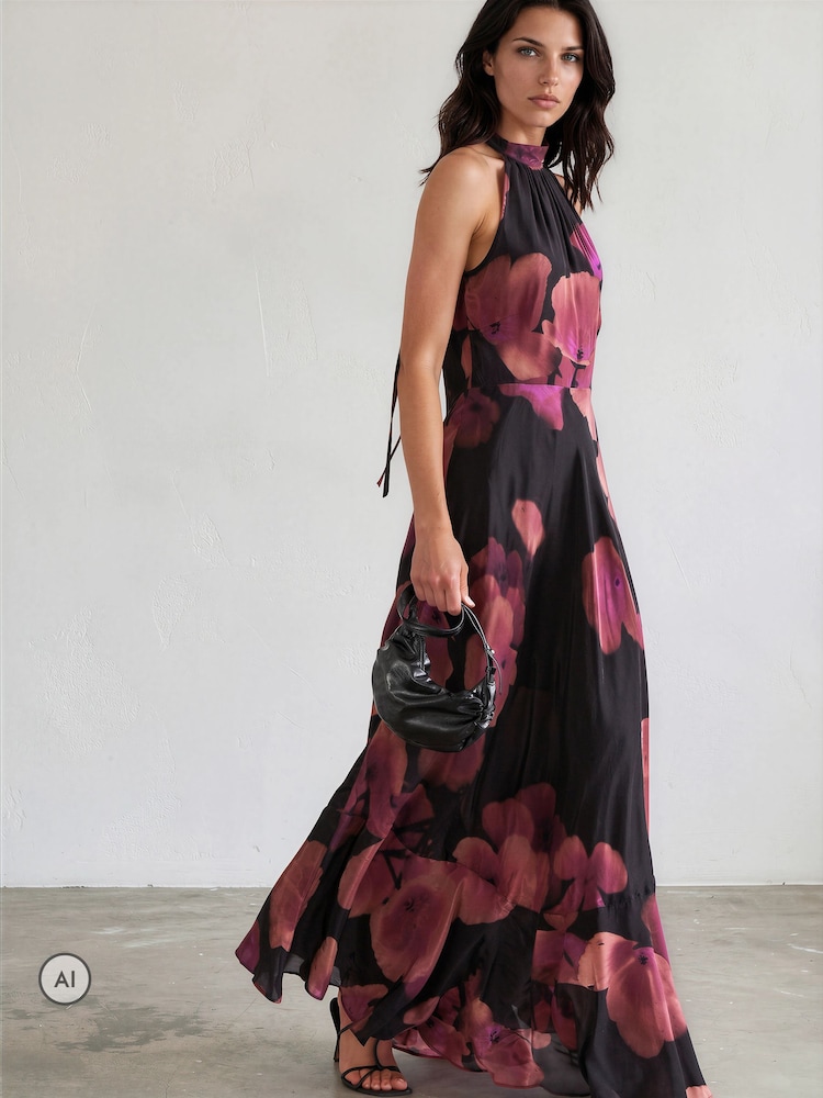 Religion Pink/Black Floral Fire Print Valeria Maxi Halterneck Dress - Image 1 of 8 Religion Pink/Black Floral Fire Print Valeria Maxi Halterneck Dress - Image 1 of 8