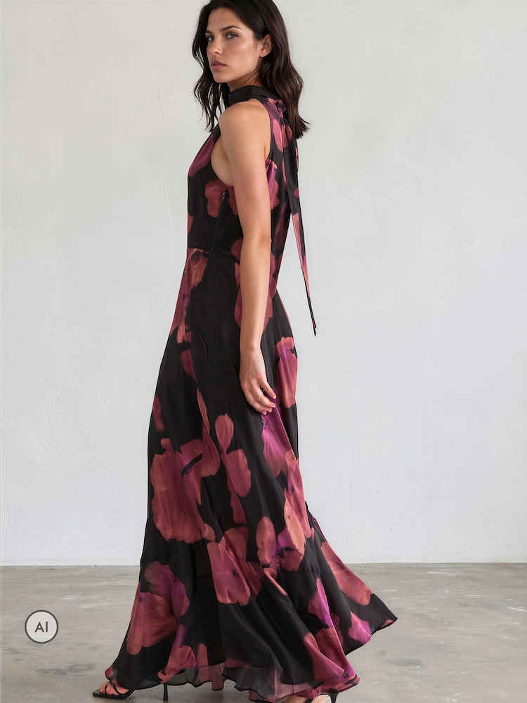 Religion Pink/Black Floral Fire Print Valeria Maxi Halterneck Dress - Image 2 of 8 Religion Pink/Black Floral Fire Print Valeria Maxi Halterneck Dress - Image 2 of 8