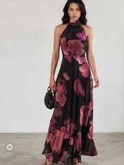Religion Pink/Black Floral Fire Print Valeria Maxi Halterneck Dress - Image 3 of 8